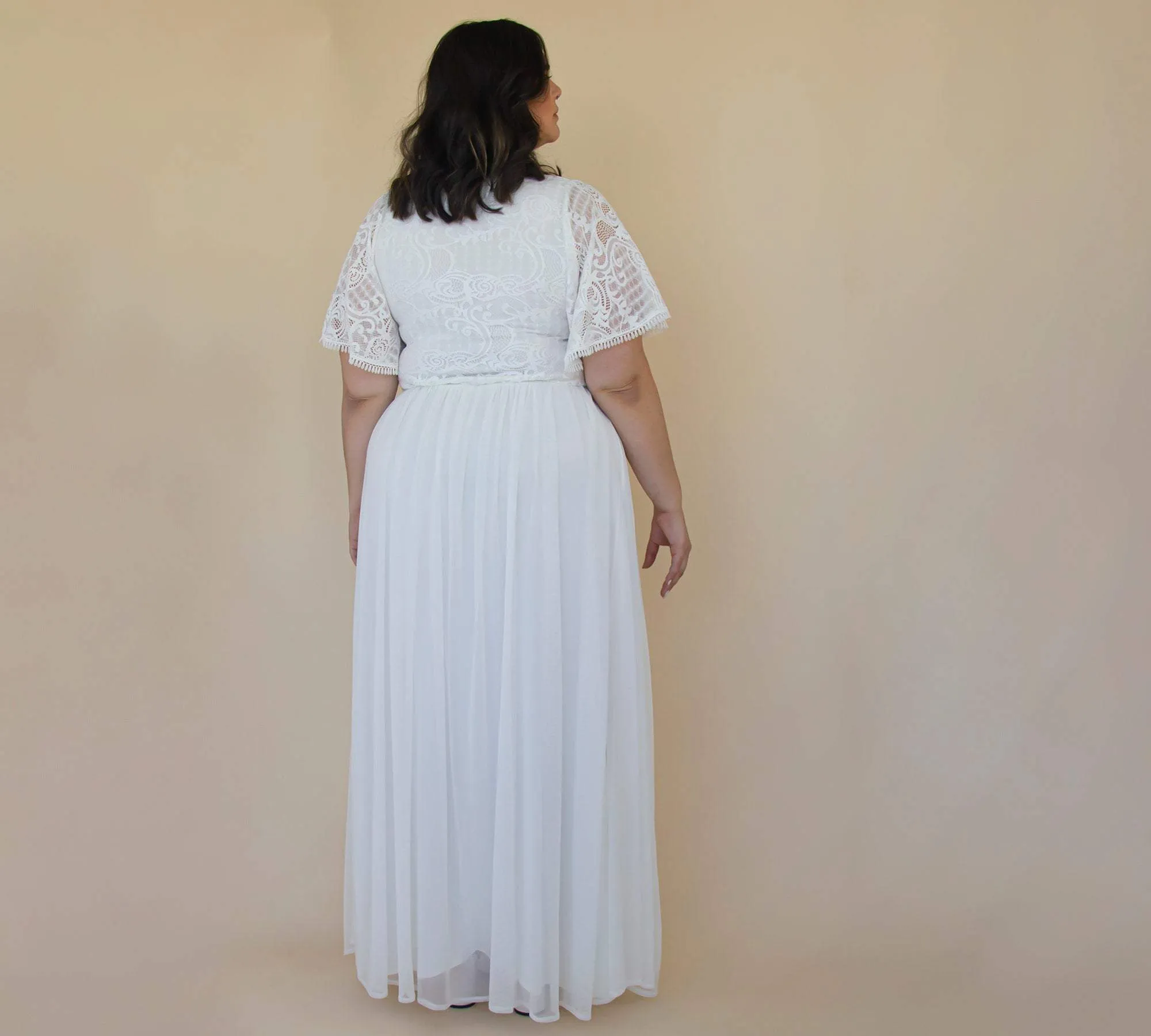 Curvy  Ivory Butterfly Sleeves, Lace Bohemian Wedding Dress With Mesh Chiffon #1321