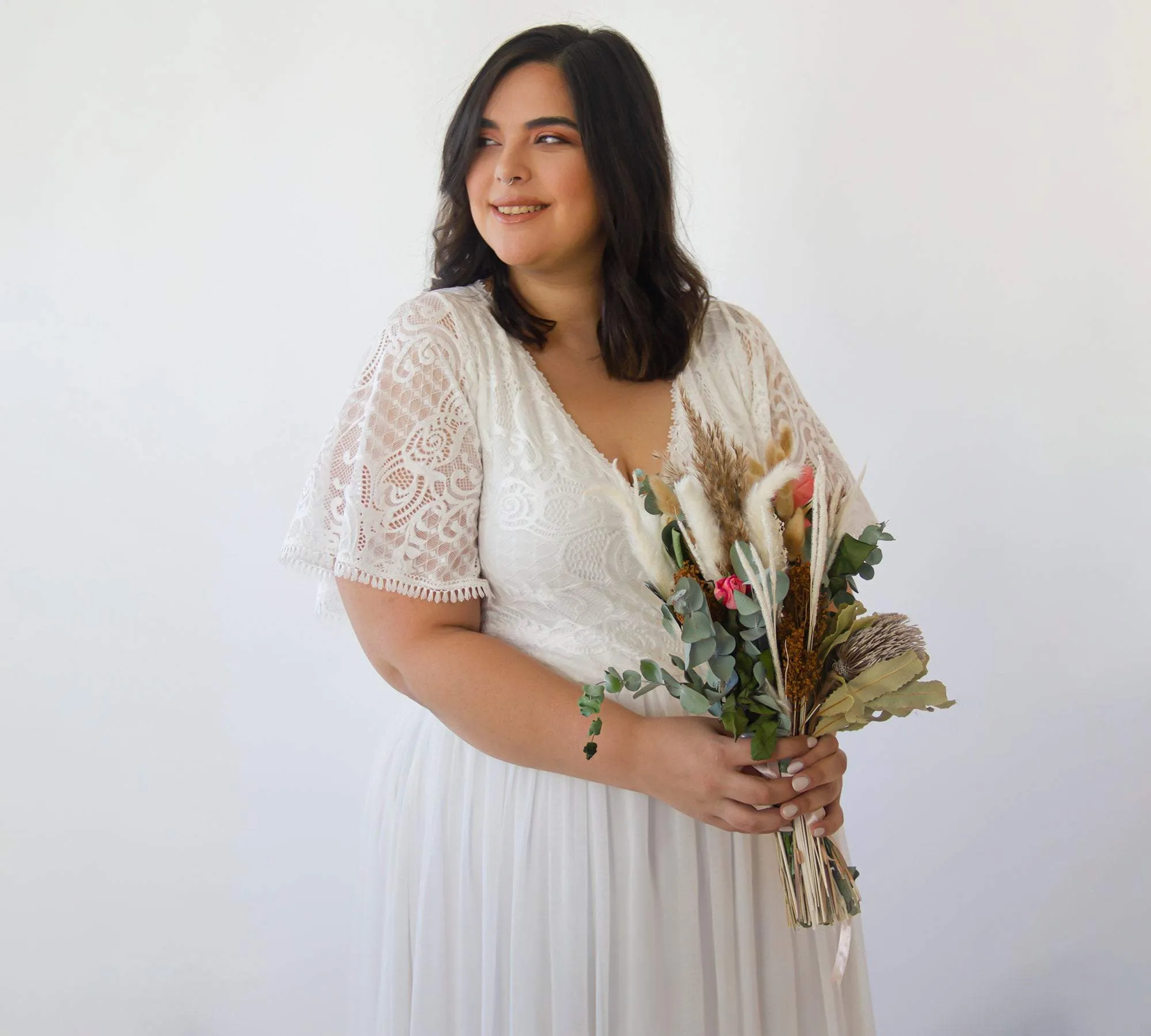 Curvy  Ivory Butterfly Sleeves, Lace Bohemian Wedding Dress With Mesh Chiffon #1321
