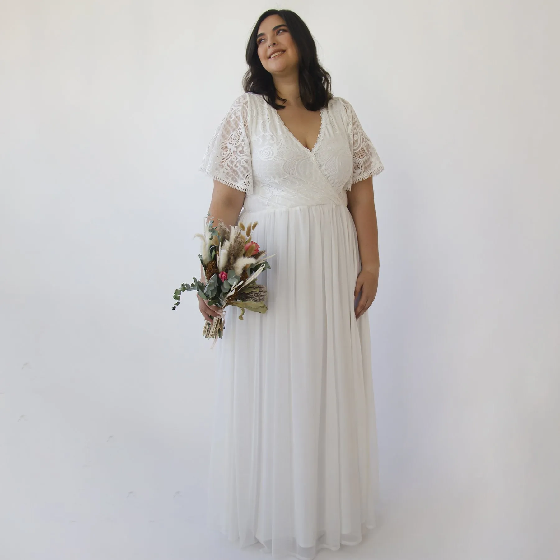 Curvy  Ivory Butterfly Sleeves, Lace Bohemian Wedding Dress With Mesh Chiffon #1321