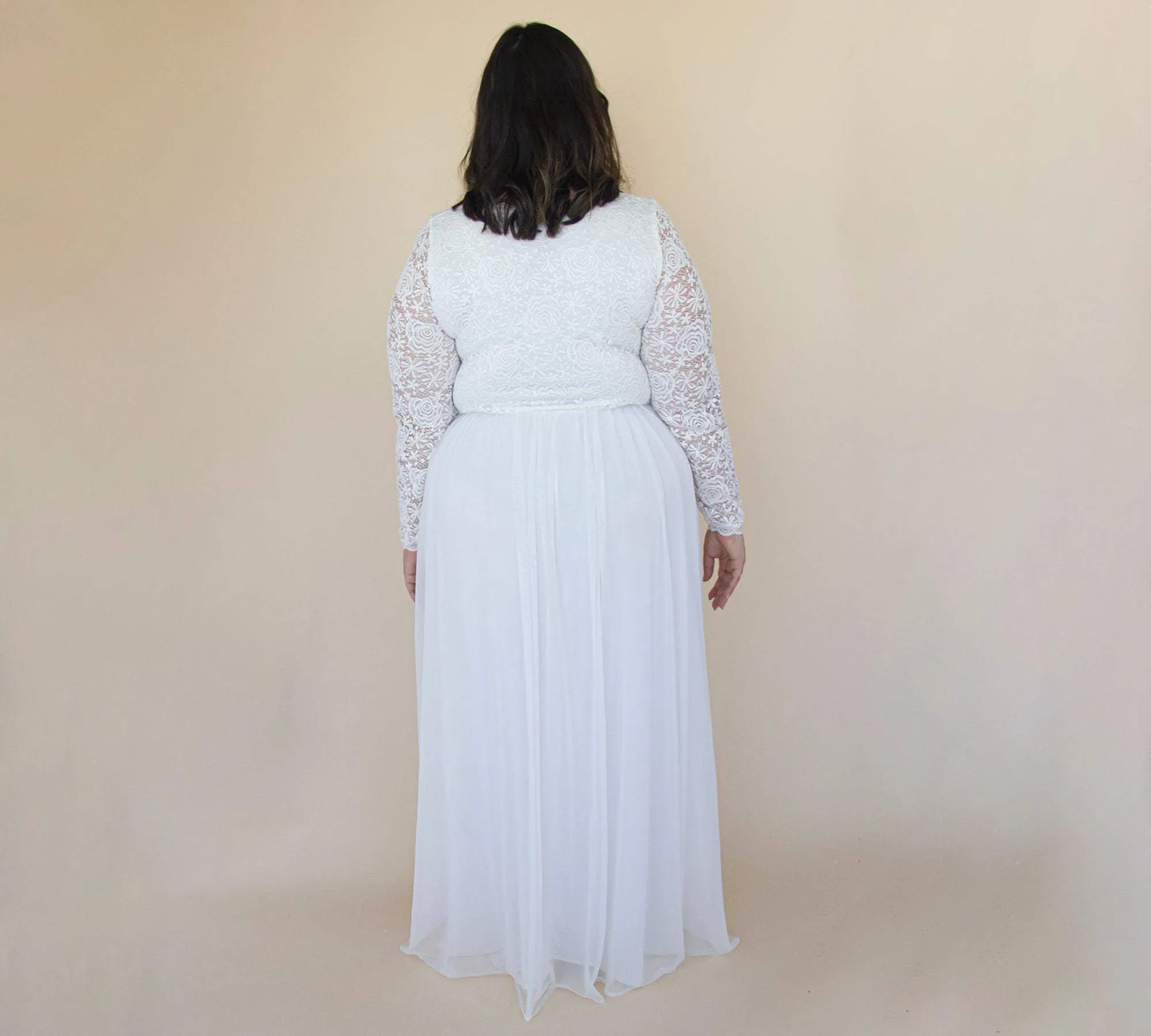 Curvy  Ivory Roses Lace Wedding Dress With Maxi Chiffon Skirt #1317