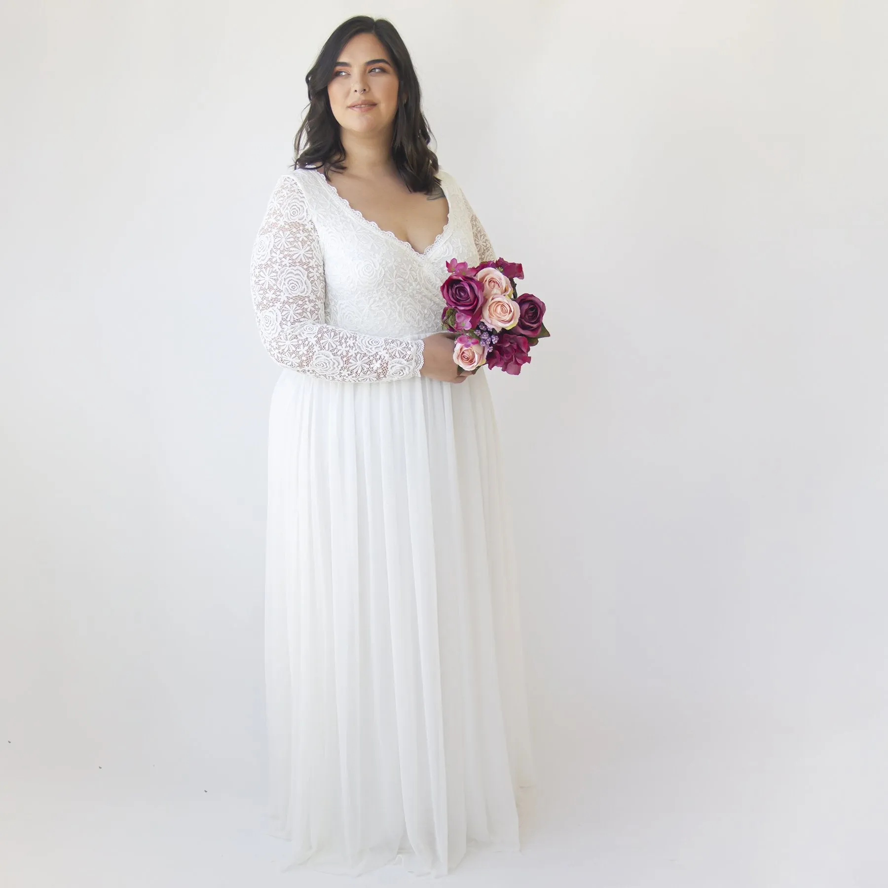 Curvy  Ivory Roses Lace Wedding Dress With Maxi Chiffon Skirt #1317