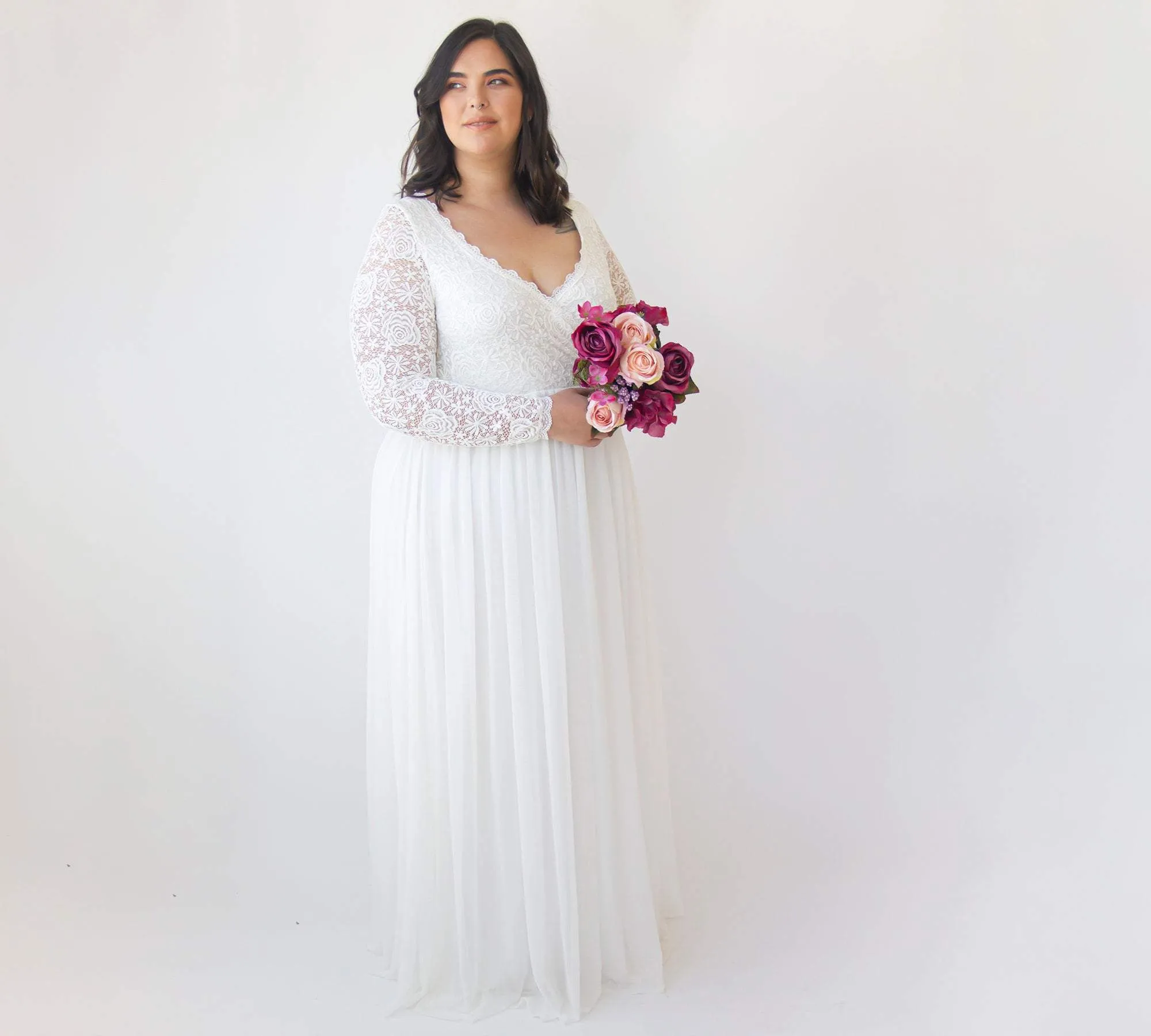 Curvy  Ivory Roses Lace Wedding Dress With Maxi Chiffon Skirt #1317