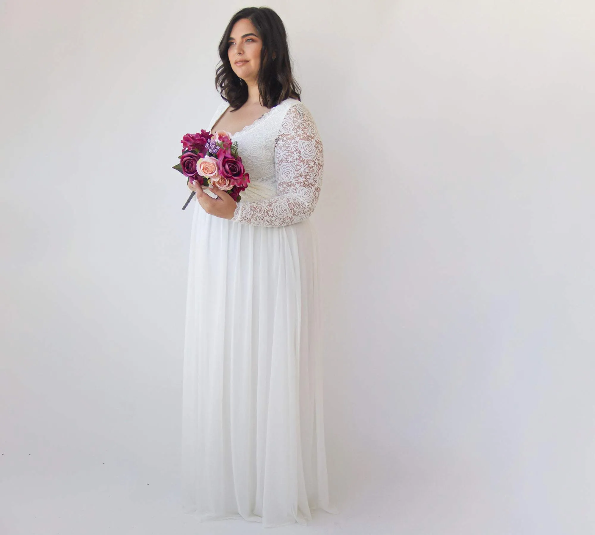 Curvy  Ivory Roses Lace Wedding Dress With Maxi Chiffon Skirt #1317