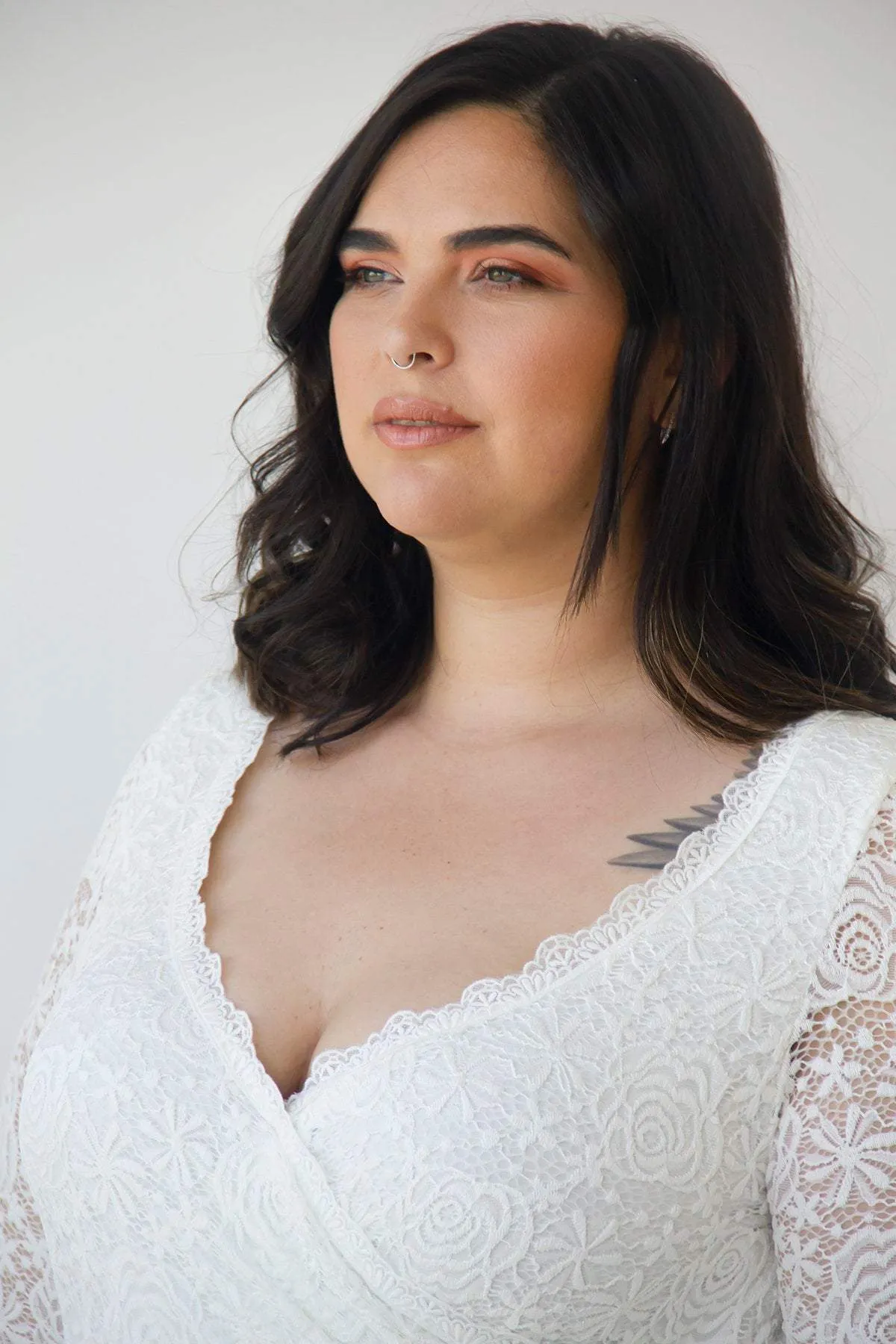 Curvy  Ivory Roses Lace Wedding Dress With Maxi Chiffon Skirt #1317