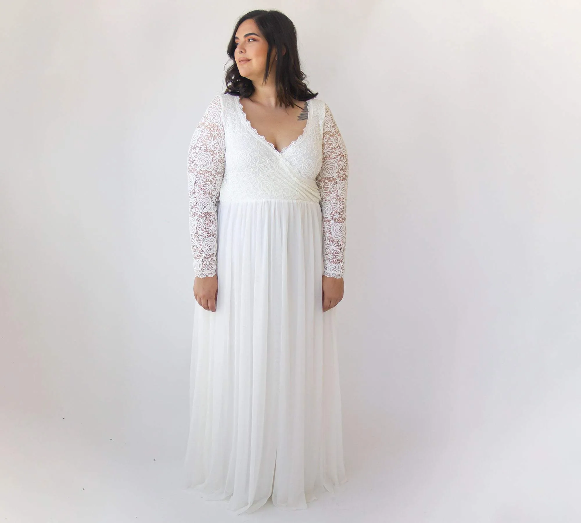 Curvy  Ivory Roses Lace Wedding Dress With Maxi Chiffon Skirt #1317