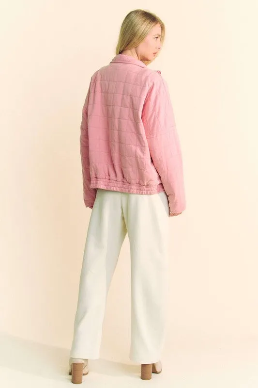 Davi & Dani Dusty Rose  Washed Quilted Zip Up Dropped Shoulder Jacket