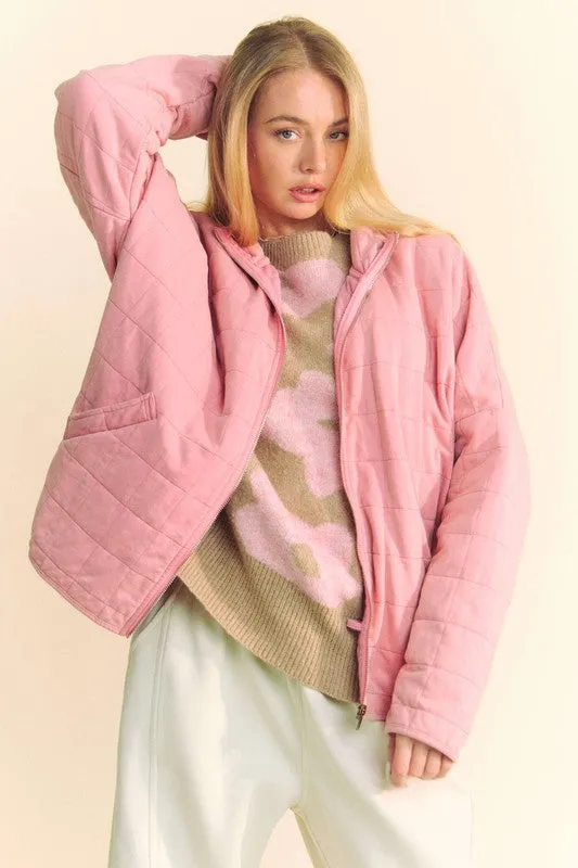 Davi & Dani Dusty Rose  Washed Quilted Zip Up Dropped Shoulder Jacket