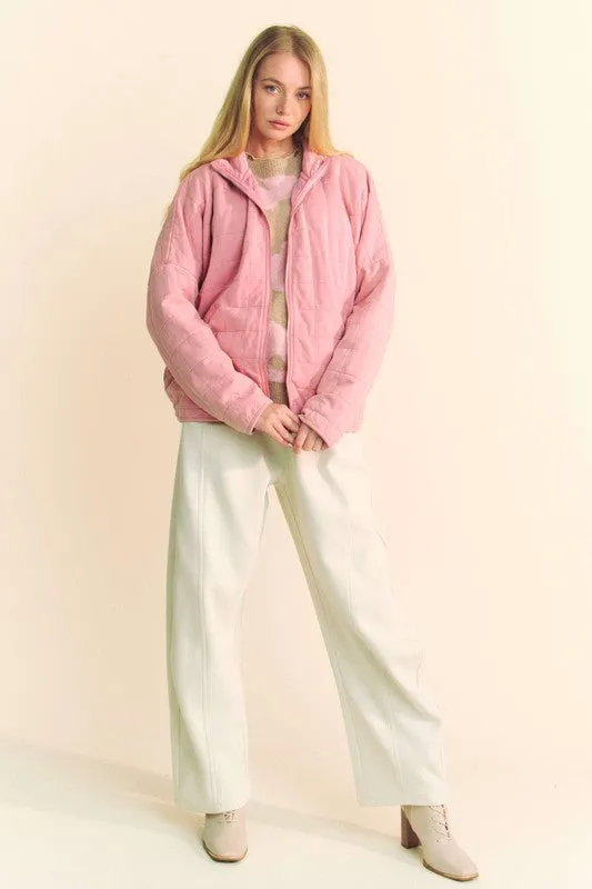 Davi & Dani Dusty Rose  Washed Quilted Zip Up Dropped Shoulder Jacket