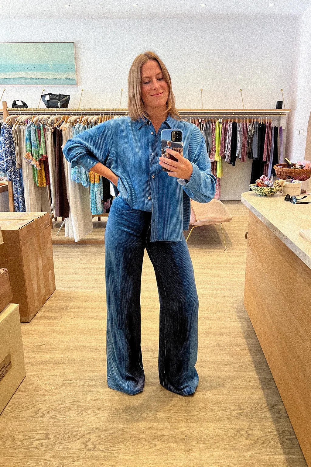 DEGRADE DENIM VELVET WIDE LEG PANTS