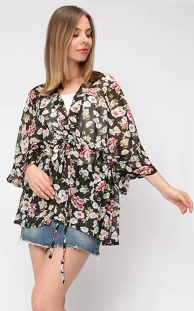 EAV9345 Flower Chiffon Ribbed Drawstring Kimono