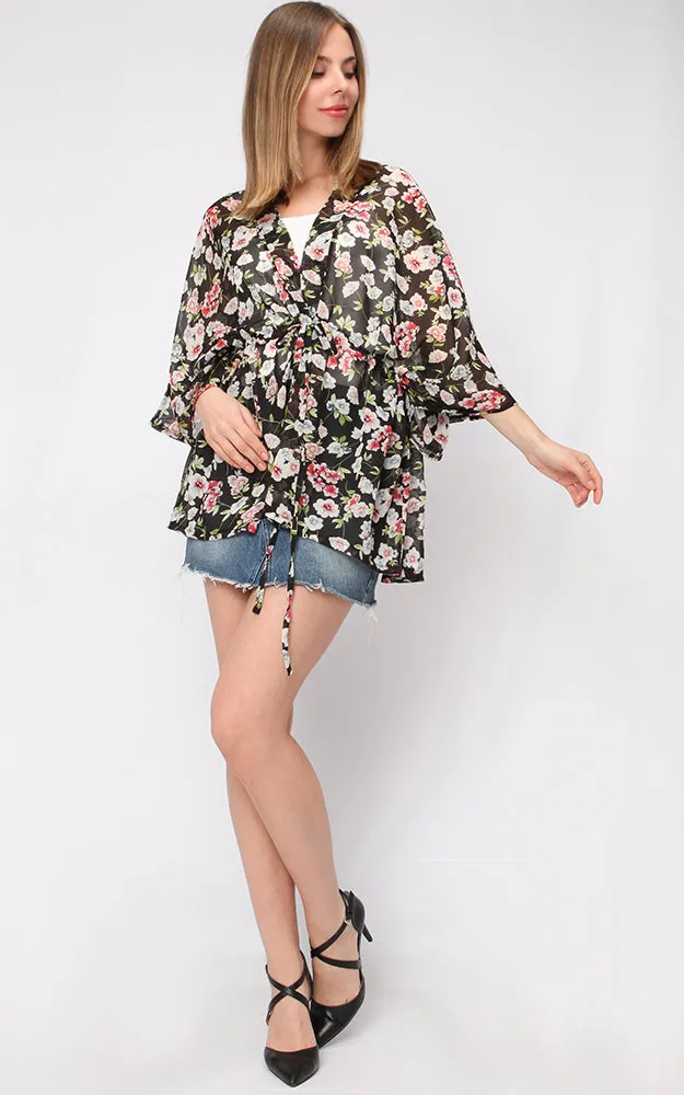 EAV9345 Flower Chiffon Ribbed Drawstring Kimono