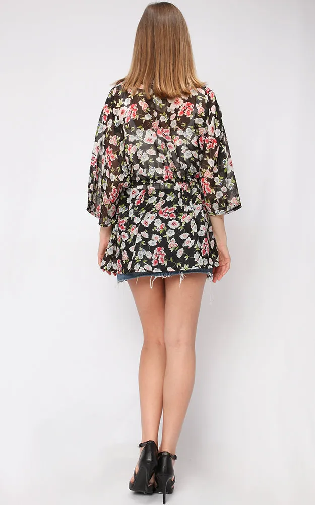 EAV9345 Flower Chiffon Ribbed Drawstring Kimono