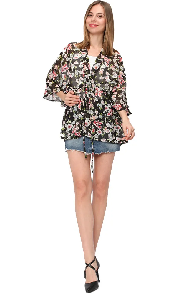 EAV9345 Flower Chiffon Ribbed Drawstring Kimono