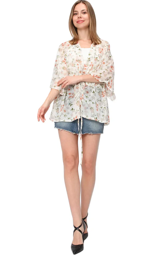 EAV9345 Flower Chiffon Ribbed Drawstring Kimono