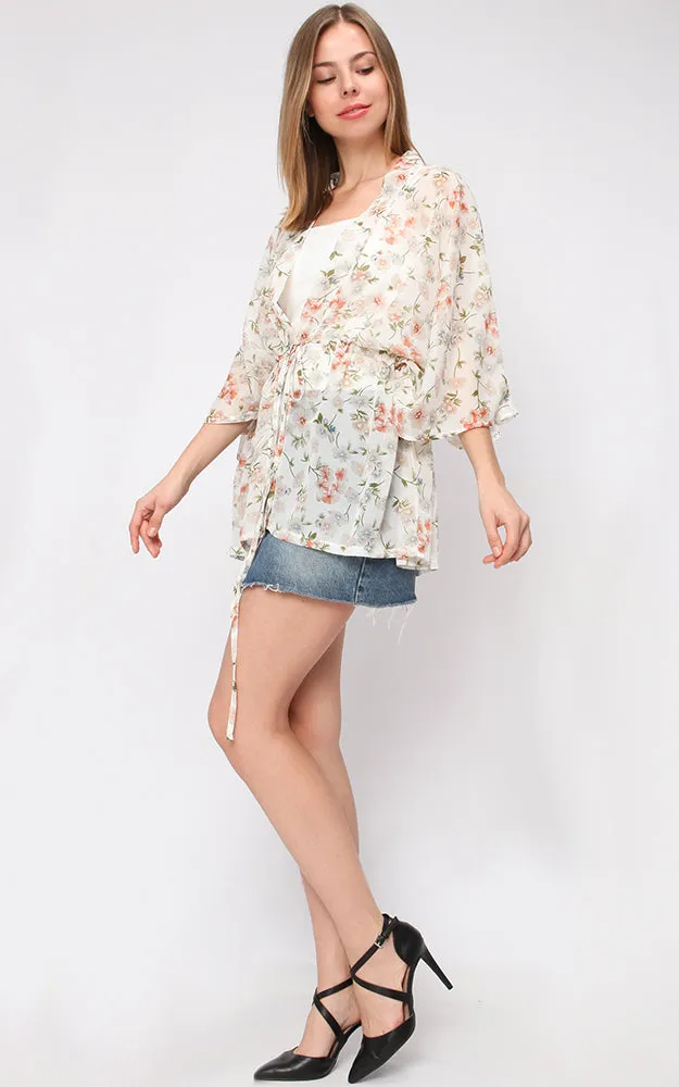 EAV9345 Flower Chiffon Ribbed Drawstring Kimono