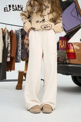 ELFSACK 2024 Winter New Arrivals Loose double-sided velvet white star wide leg pants for women