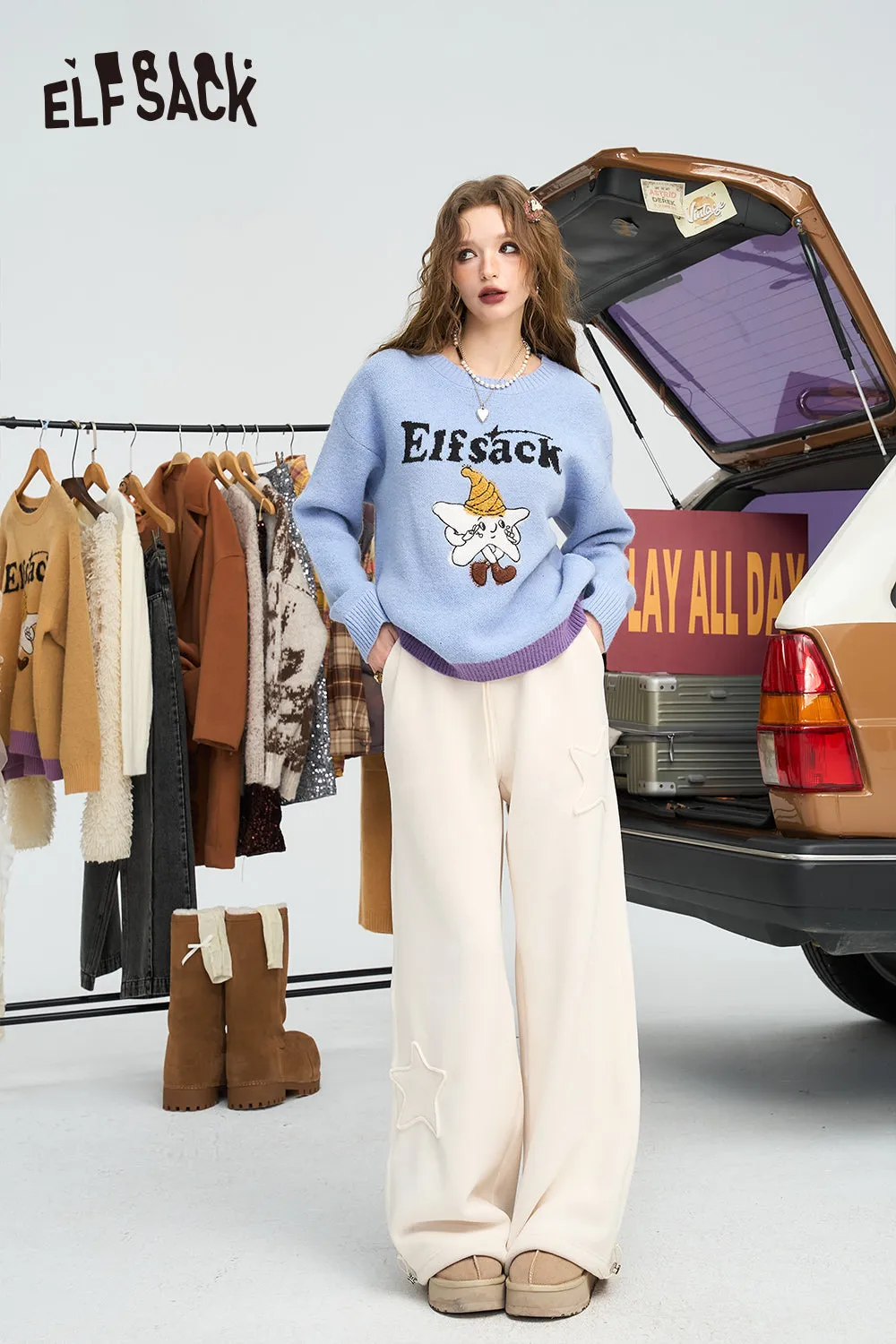 ELFSACK 2024 Winter New Arrivals Loose double-sided velvet white star wide leg pants for women