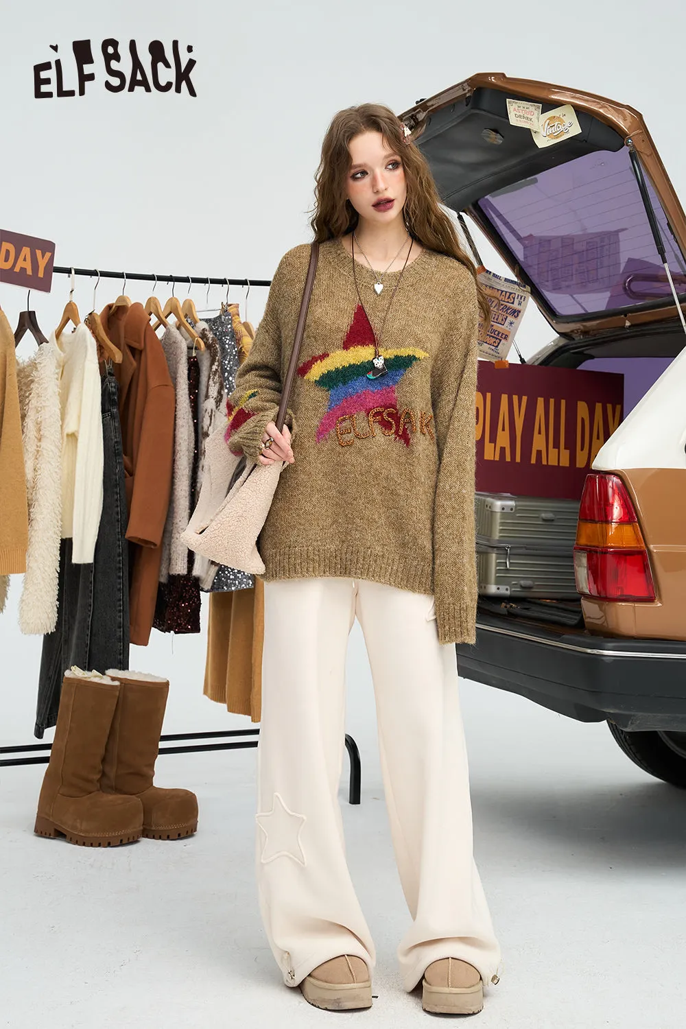 ELFSACK 2024 Winter New Arrivals Loose double-sided velvet white star wide leg pants for women