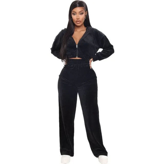FashionSierra - Velvet Tracksuit 2 Two Piece Set Women Zipper Hoodie Sweatshirt Wide Leg Pant
