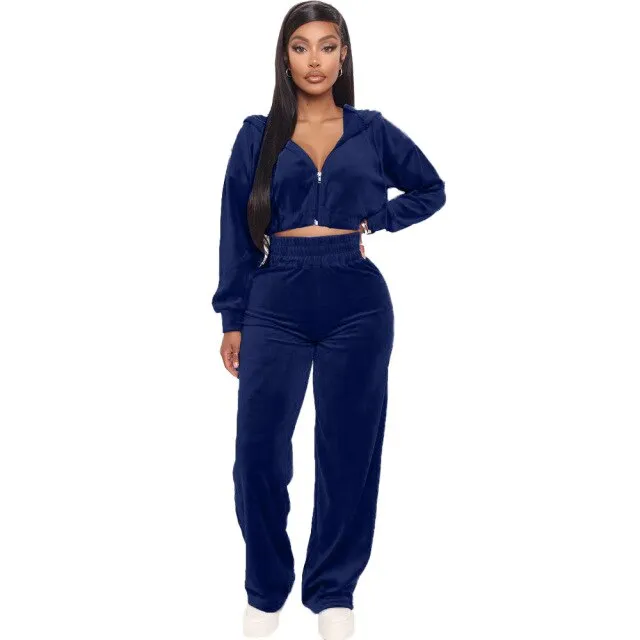 FashionSierra - Velvet Tracksuit 2 Two Piece Set Women Zipper Hoodie Sweatshirt Wide Leg Pant