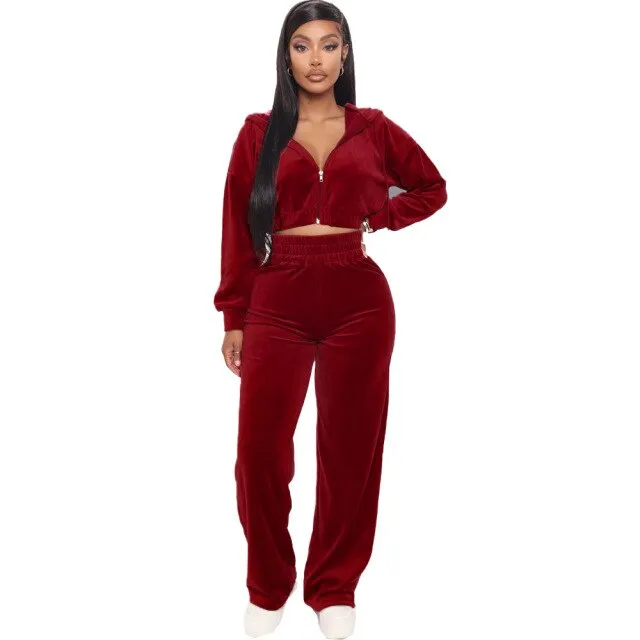 FashionSierra - Velvet Tracksuit 2 Two Piece Set Women Zipper Hoodie Sweatshirt Wide Leg Pant