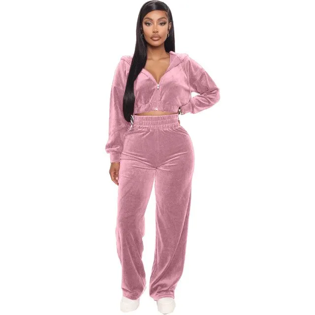 FashionSierra - Velvet Tracksuit 2 Two Piece Set Women Zipper Hoodie Sweatshirt Wide Leg Pant