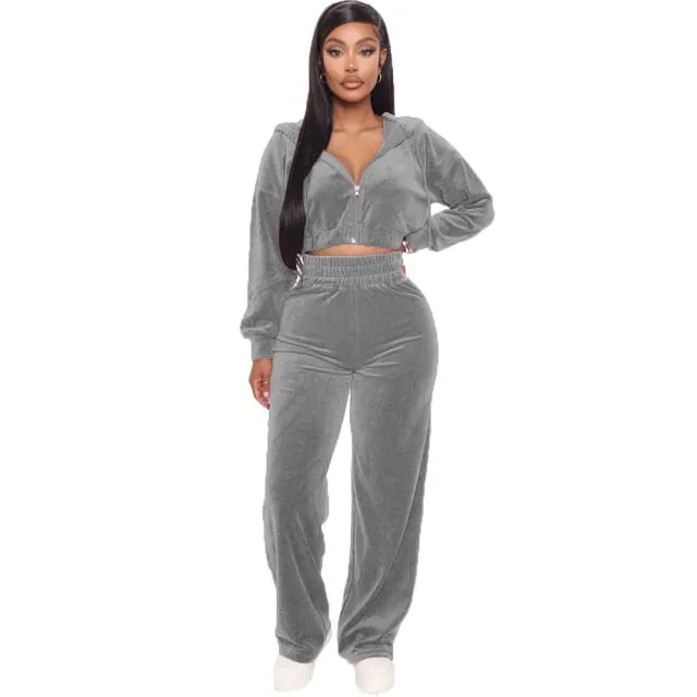 FashionSierra - Velvet Tracksuit 2 Two Piece Set Women Zipper Hoodie Sweatshirt Wide Leg Pant