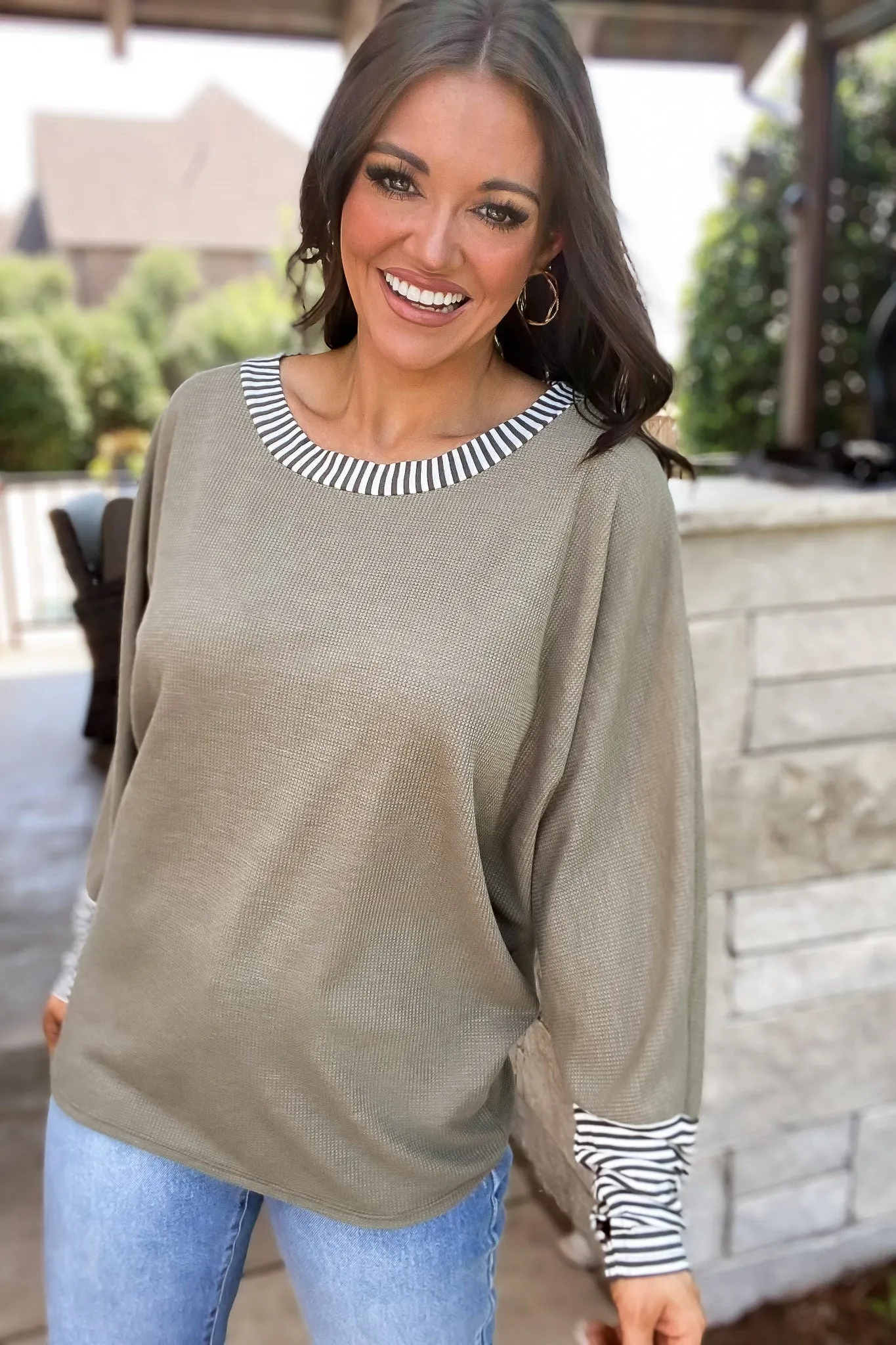 For A While Olive Thermal Knit Stripe Banded Top