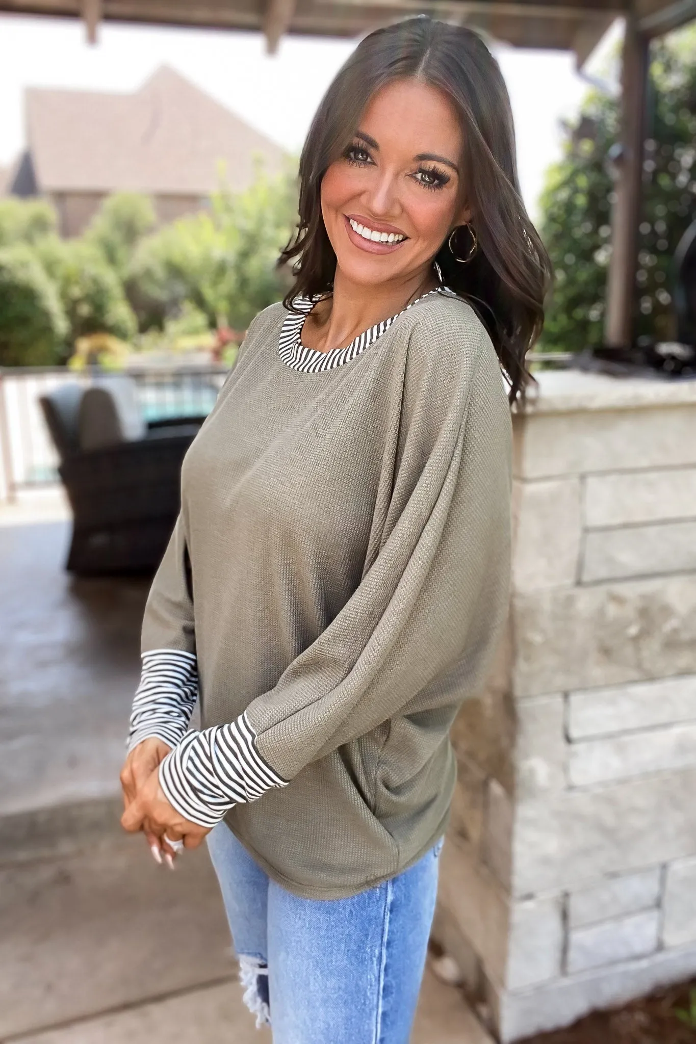 For A While Olive Thermal Knit Stripe Banded Top