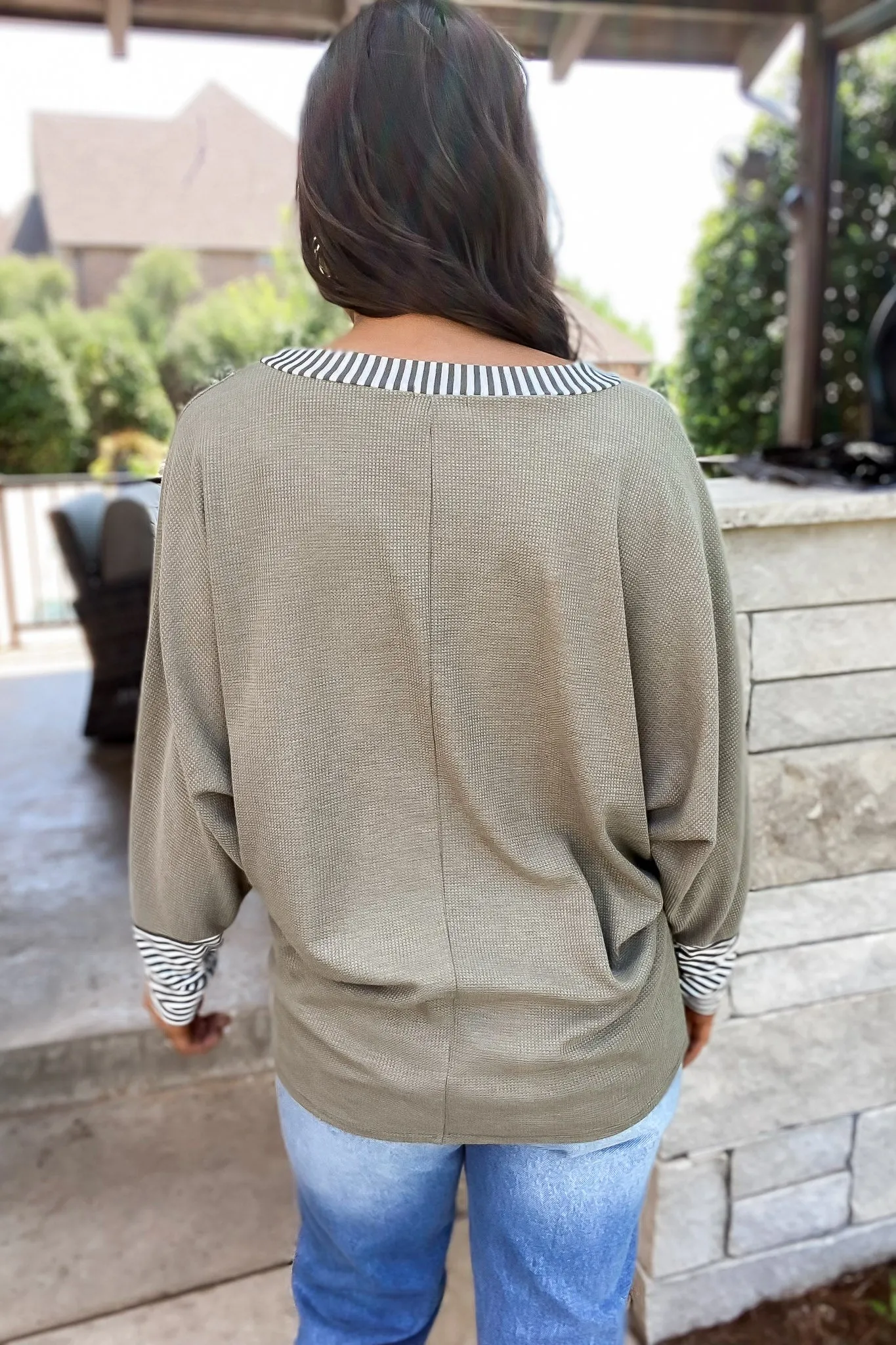 For A While Olive Thermal Knit Stripe Banded Top