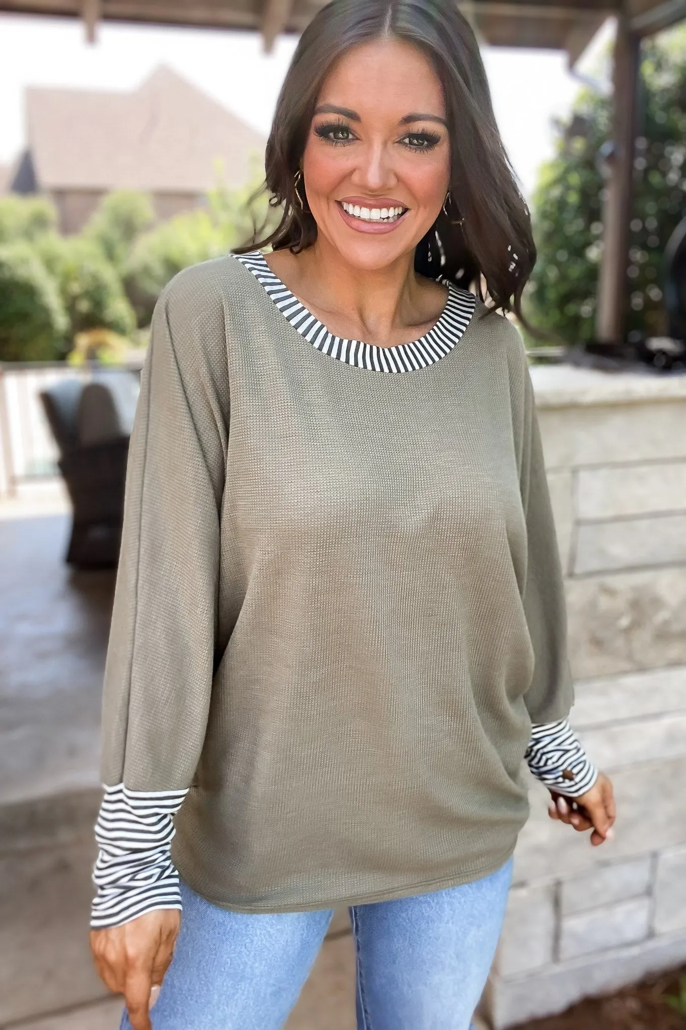 For A While Olive Thermal Knit Stripe Banded Top
