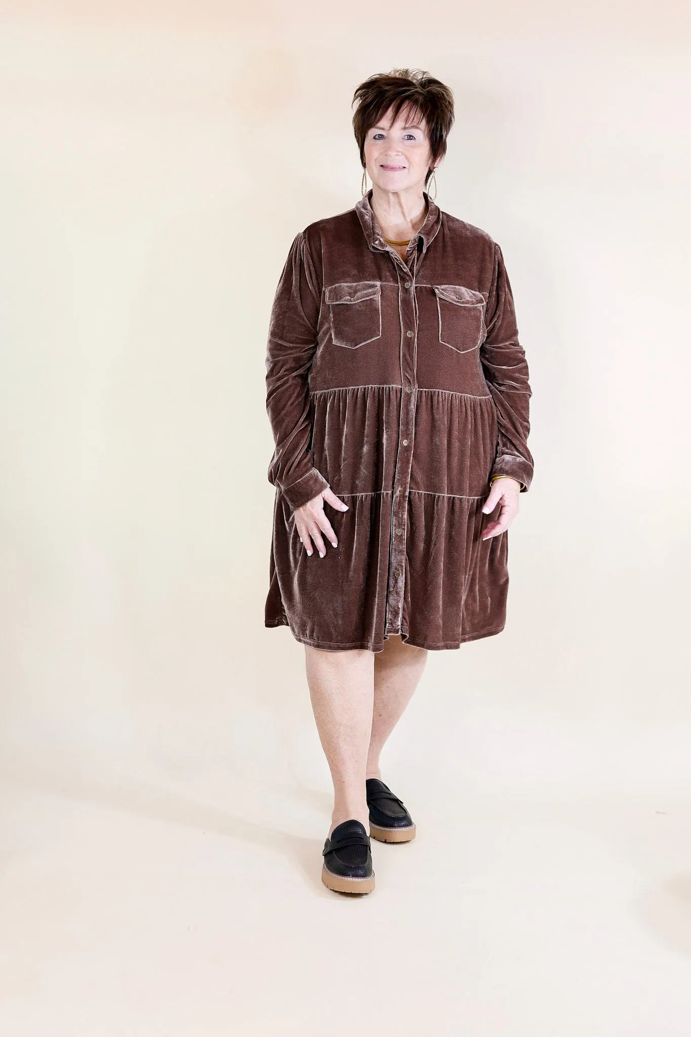 Grateful Gathering Velvet Button Up Dress with Long Sleeves in Almond Brown