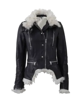 High Neck Leather Jacket With Shearling