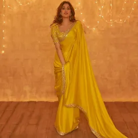 Hot Yellow Embroidered Saree With Sequins Work