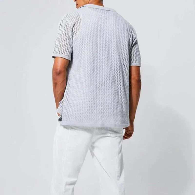 Jinquedai Streetwear Mens Vintage Shirts Knitted Turn-down Collar Buttoned Hollow Out Shirt Leisure Breathable Tops Mens Summer Cardigans