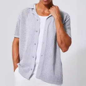 Jinquedai Streetwear Mens Vintage Shirts Knitted Turn-down Collar Buttoned Hollow Out Shirt Leisure Breathable Tops Mens Summer Cardigans