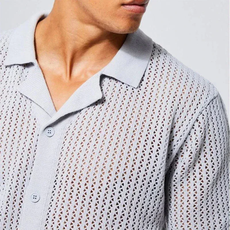 Jinquedai Streetwear Mens Vintage Shirts Knitted Turn-down Collar Buttoned Hollow Out Shirt Leisure Breathable Tops Mens Summer Cardigans