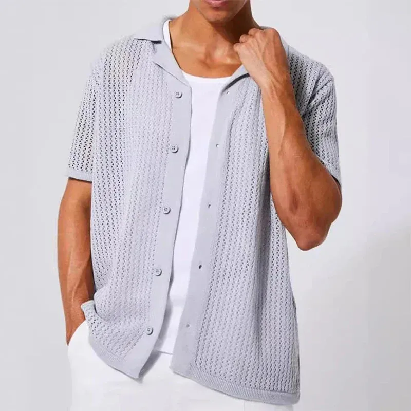 Jinquedai Streetwear Mens Vintage Shirts Knitted Turn-down Collar Buttoned Hollow Out Shirt Leisure Breathable Tops Mens Summer Cardigans