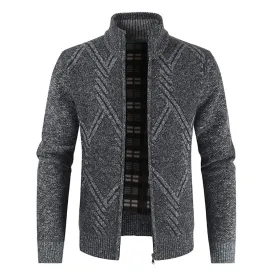 Mens Knitted Cardigan Thick Sweater Full Zip Stand Collar Warm Jumper Fleece Lined Winter Coat