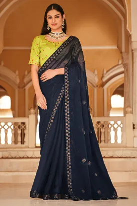 Navy Blue Chinon Thread With Sequins Work Saree