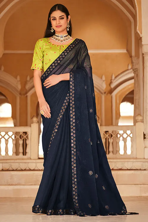 Navy Blue Chinon Thread With Sequins Work Saree