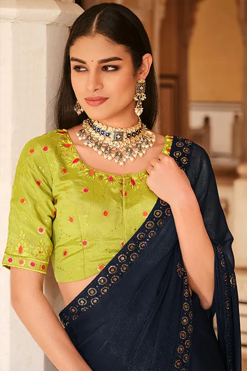Navy Blue Chinon Thread With Sequins Work Saree