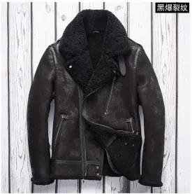 Original Free shipping.Winter Warm Mens Wool Fur Jacket,Classic Rider Vintage Genuine Leather jacket.Cool Thick Sheepskin Shearling Coat.