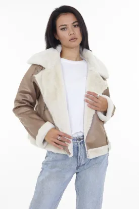 SHEARLING DETAIL CAMEL FAUX SUEDE AVIATOR JACKET