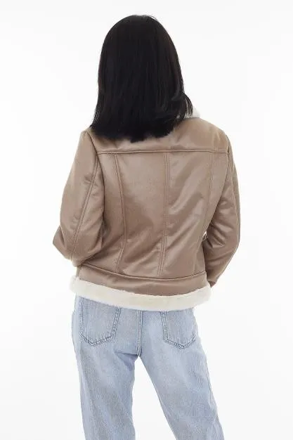 SHEARLING DETAIL CAMEL FAUX SUEDE AVIATOR JACKET