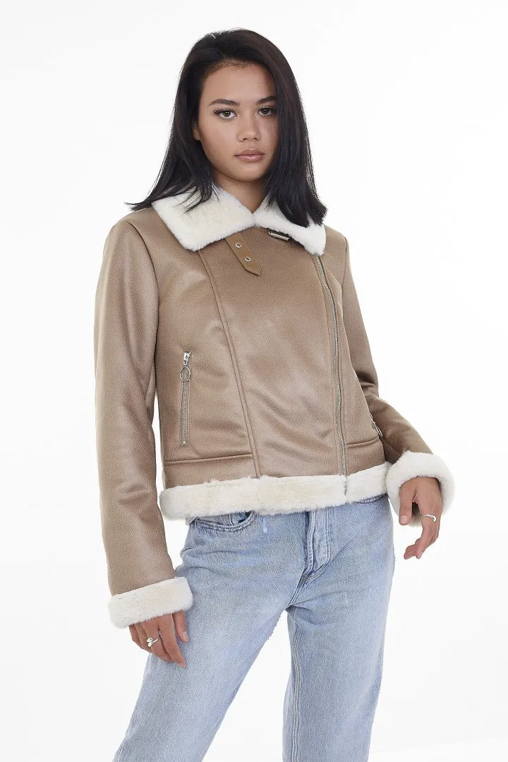 SHEARLING DETAIL CAMEL FAUX SUEDE AVIATOR JACKET