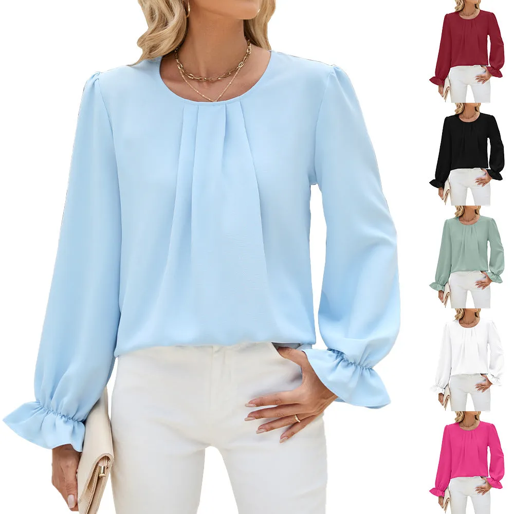 Solid Color Round Neck Loose Long Sleeve Chiffon Bottom Shirts Wholesale Womens Clothing N3824072900067