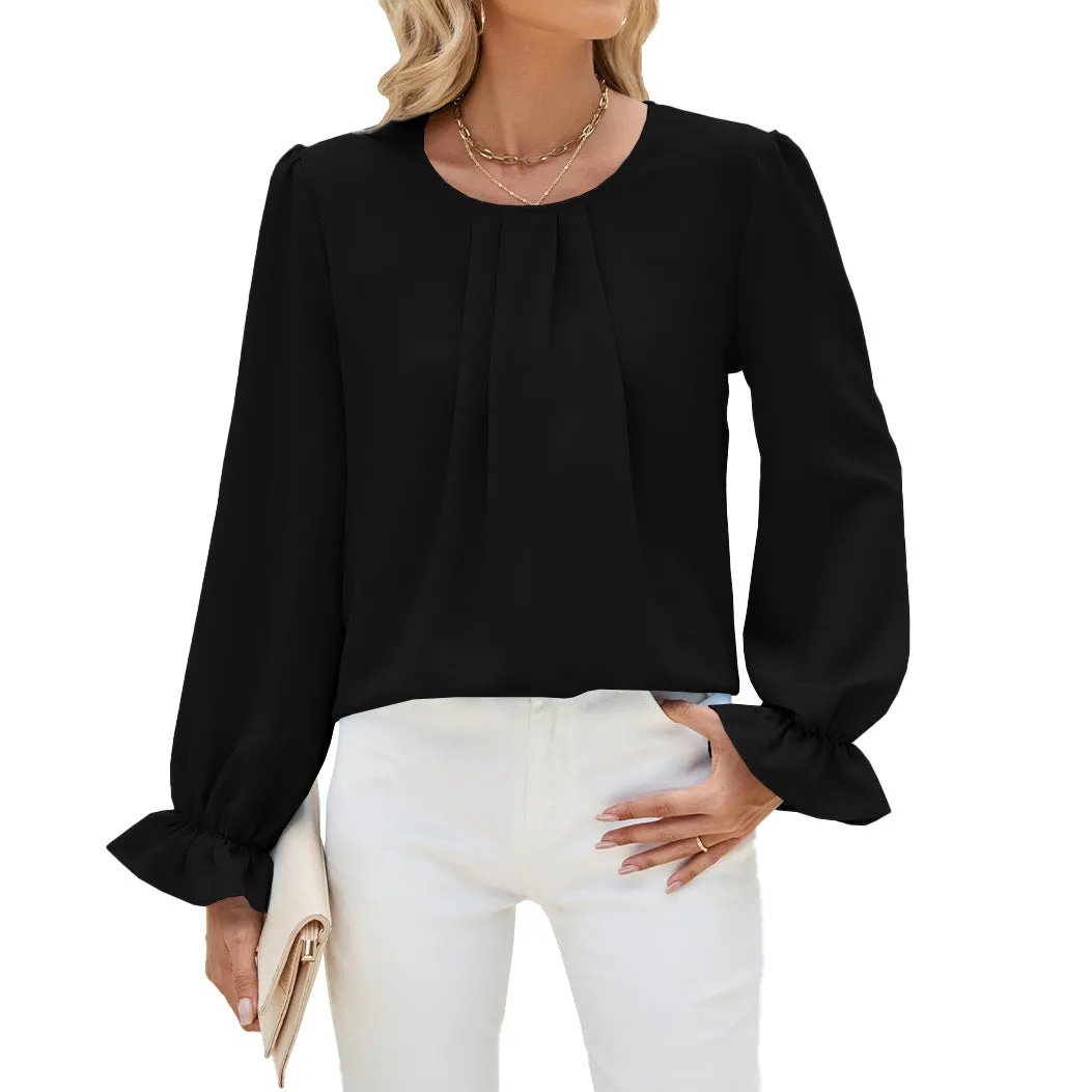 Solid Color Round Neck Loose Long Sleeve Chiffon Bottom Shirts Wholesale Womens Clothing N3824072900067