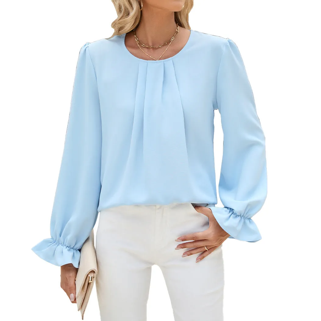 Solid Color Round Neck Loose Long Sleeve Chiffon Bottom Shirts Wholesale Womens Clothing N3824072900067