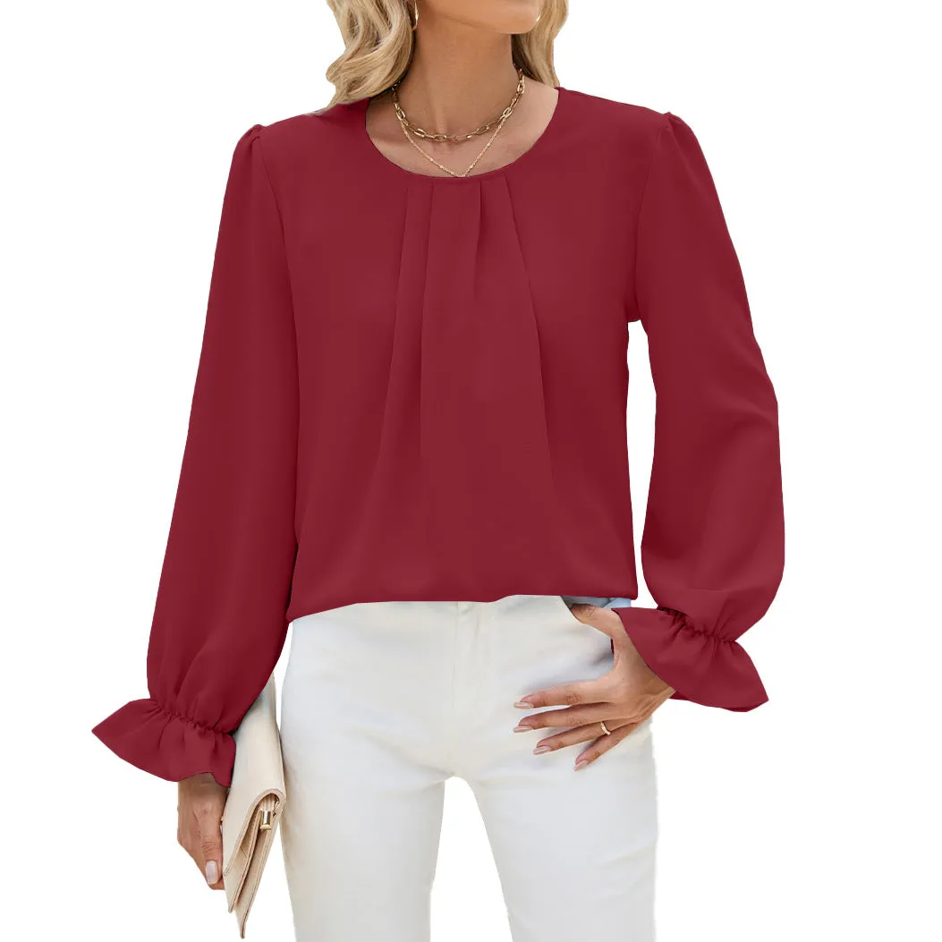 Solid Color Round Neck Loose Long Sleeve Chiffon Bottom Shirts Wholesale Womens Clothing N3824072900067